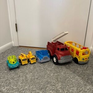 Green Toys Fire Truck & Blue Truck and Fisher Price School Bus + Misc Trucks